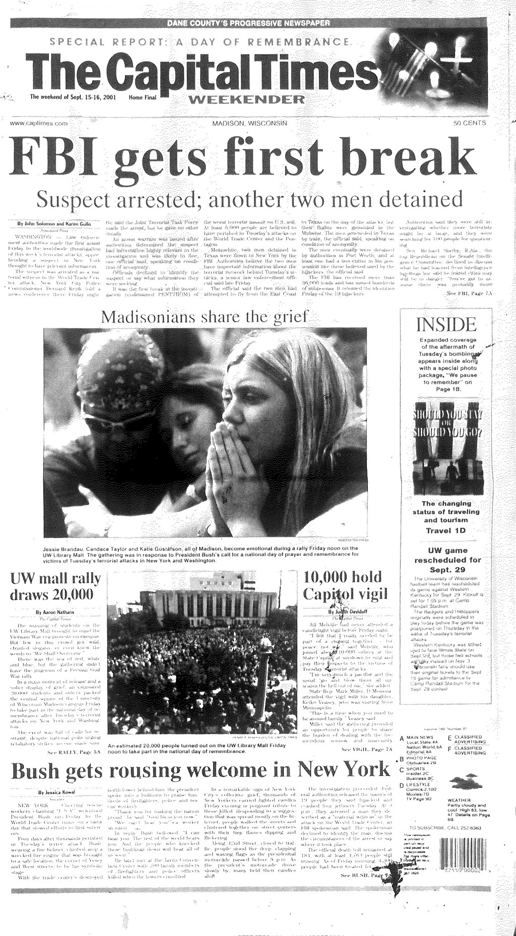 Capital Times front page from Sept. 15, 2001